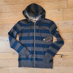 2000's Vintage Roxy Surf Striped Blue and Gray Zip-Up Hoodie 90s Grunge y2k